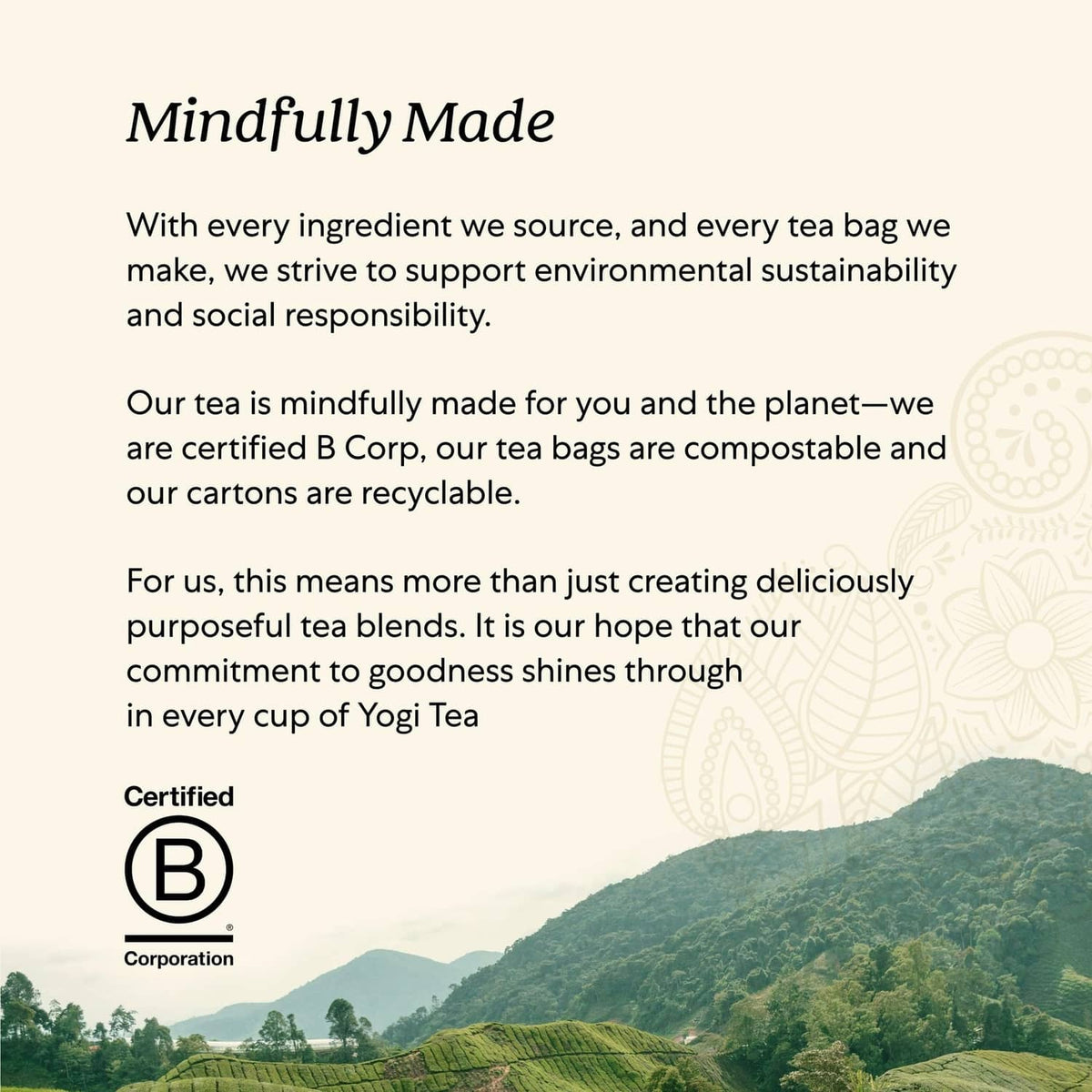 Yogi green tea decaf box 'Mindfully Made' sustainability information