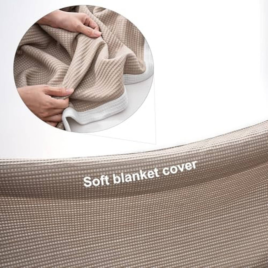 Soft microfiber double-sided blanket, khaki and white textured waffle weave edge.