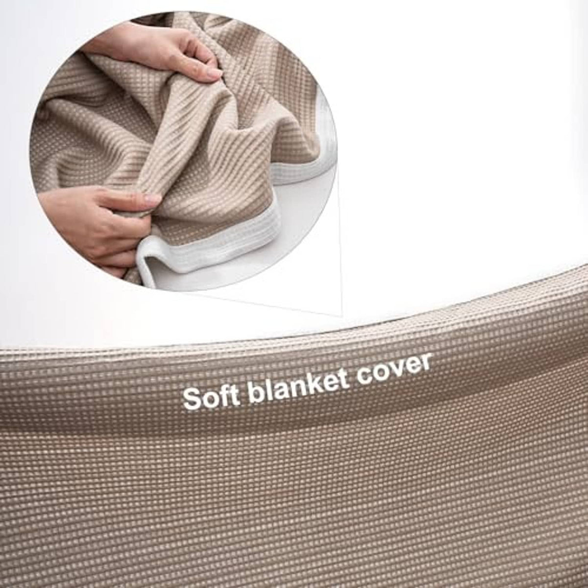 Soft microfiber double-sided blanket, khaki and white textured waffle weave edge.