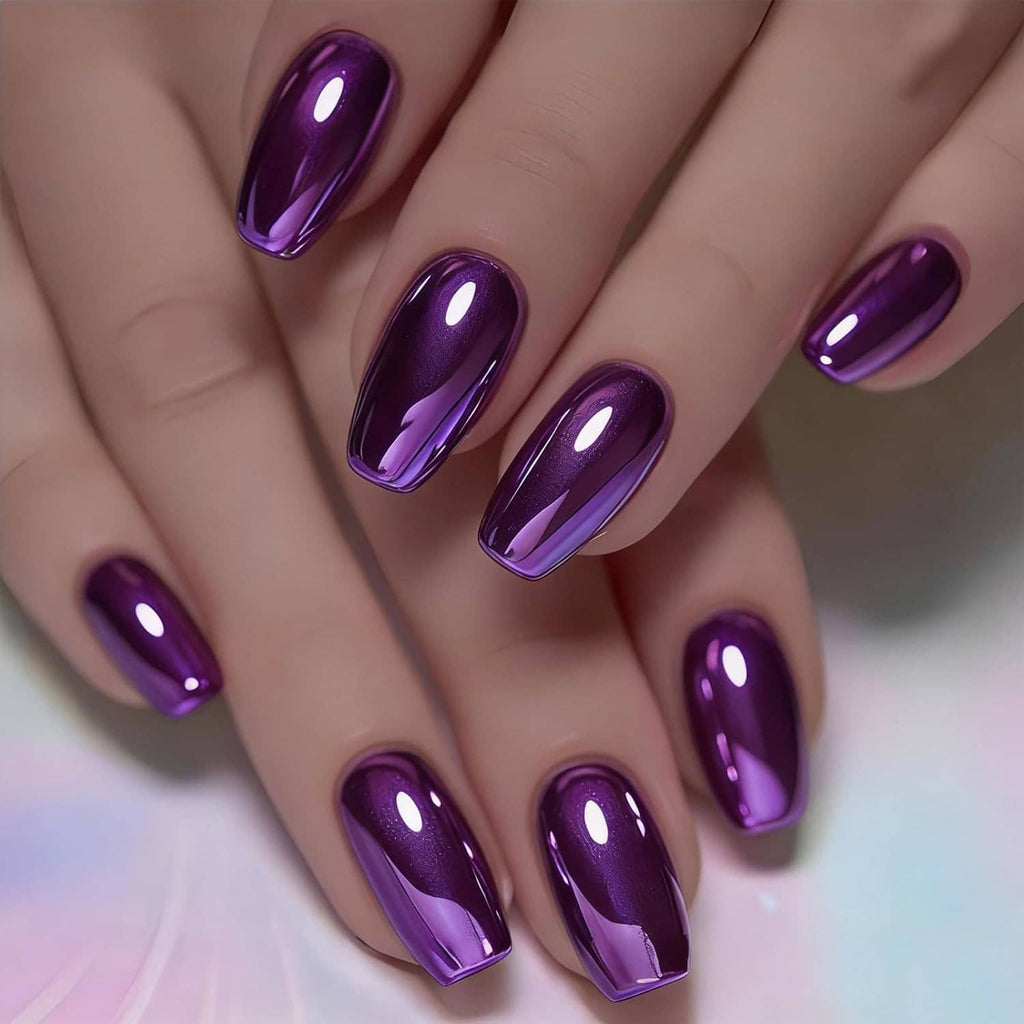 Purple chrome press-on nails with metallic mirror finish, medium square tips