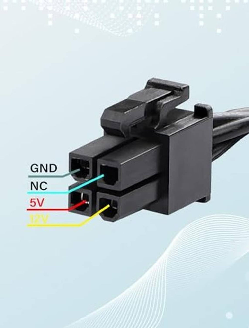 ATX 4-pin adapter connector with labeled pins: GND, NC, 5V, and 12V