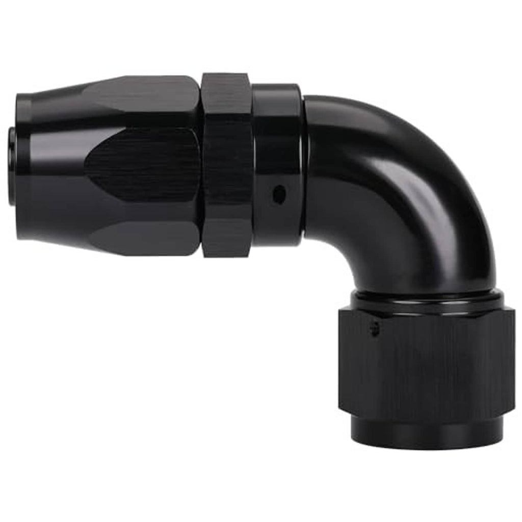 Black 90-degree swivel hose end fitting, 10AN, glossy elbow bend with threaded connection