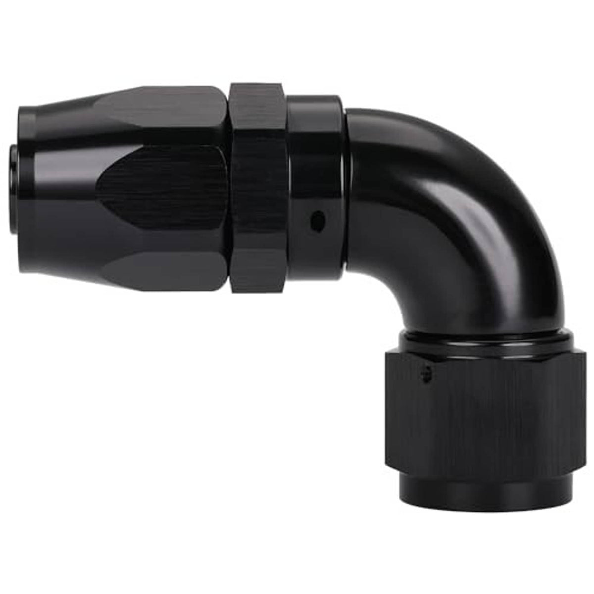 Black 90-degree swivel hose end fitting, 10AN, glossy elbow bend with threaded connection