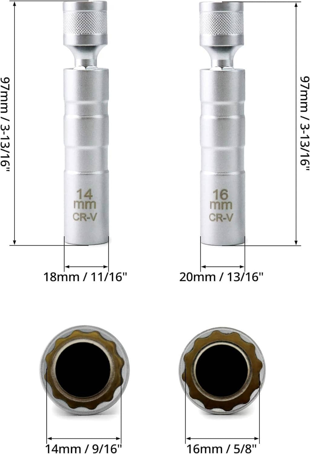 14 mm and 16 mm magnetic spark plug sockets shown with length measurements