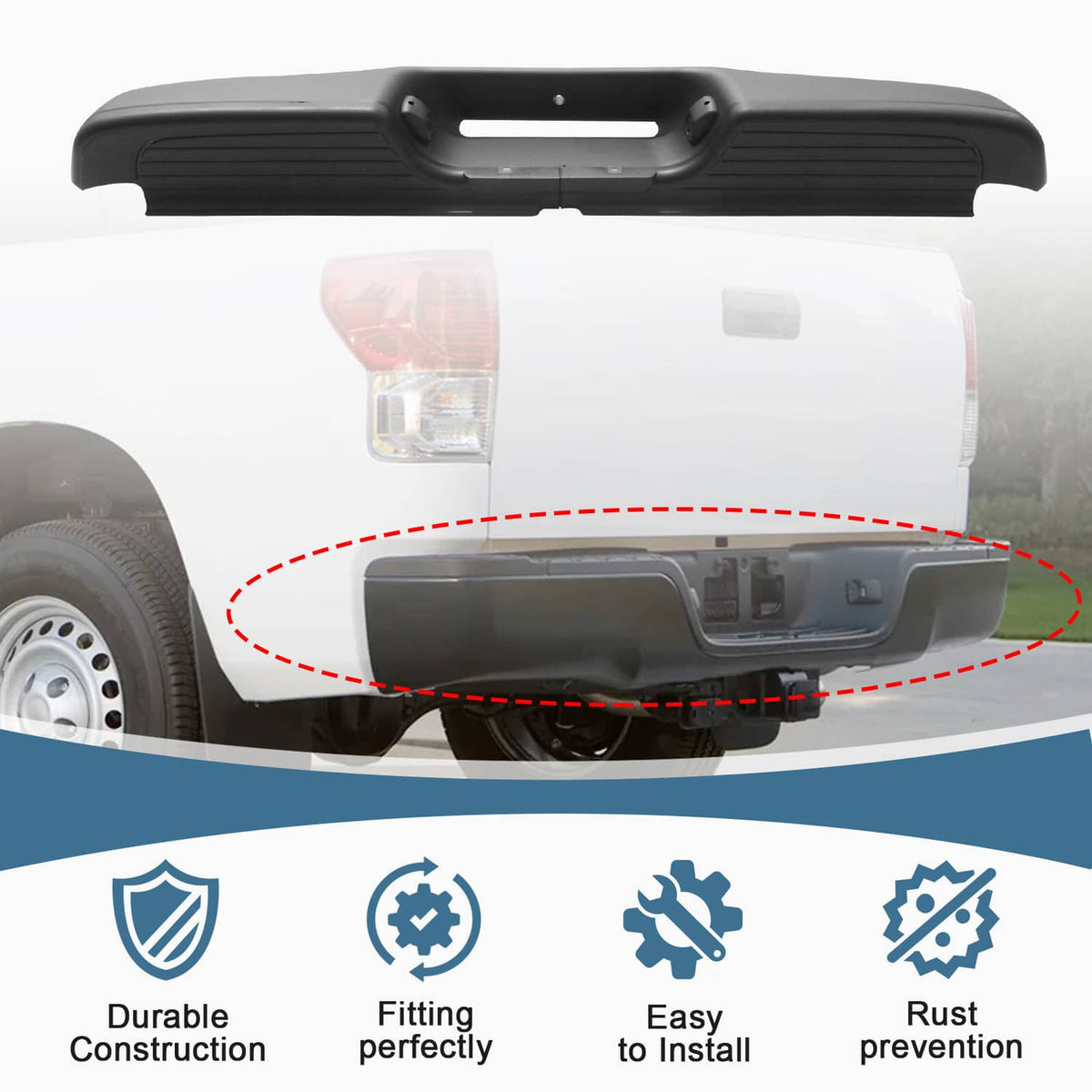 Black rear step bumper installed on truck rear with step opening