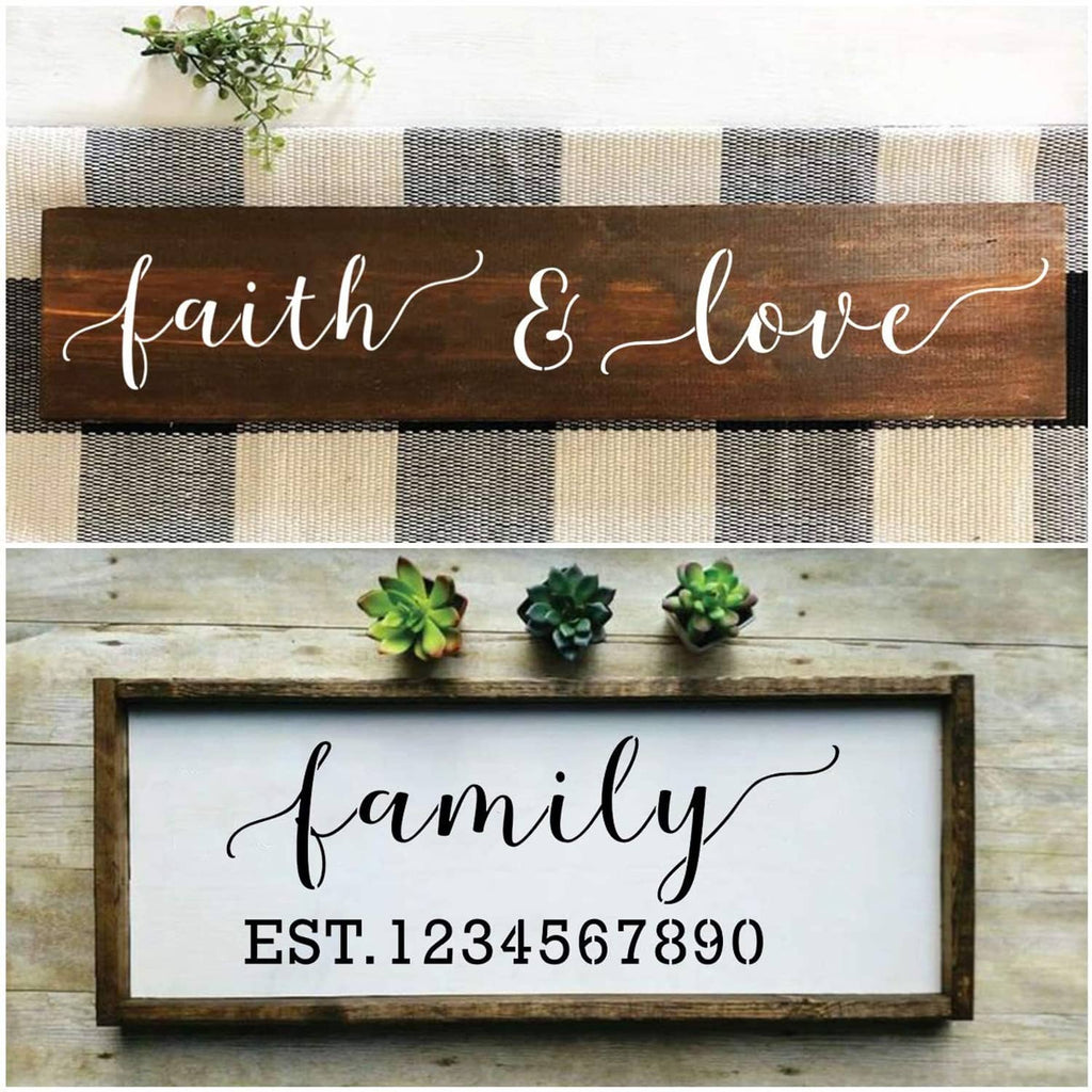 Large wood stencils reading faith & love, and family with EST.1234567890