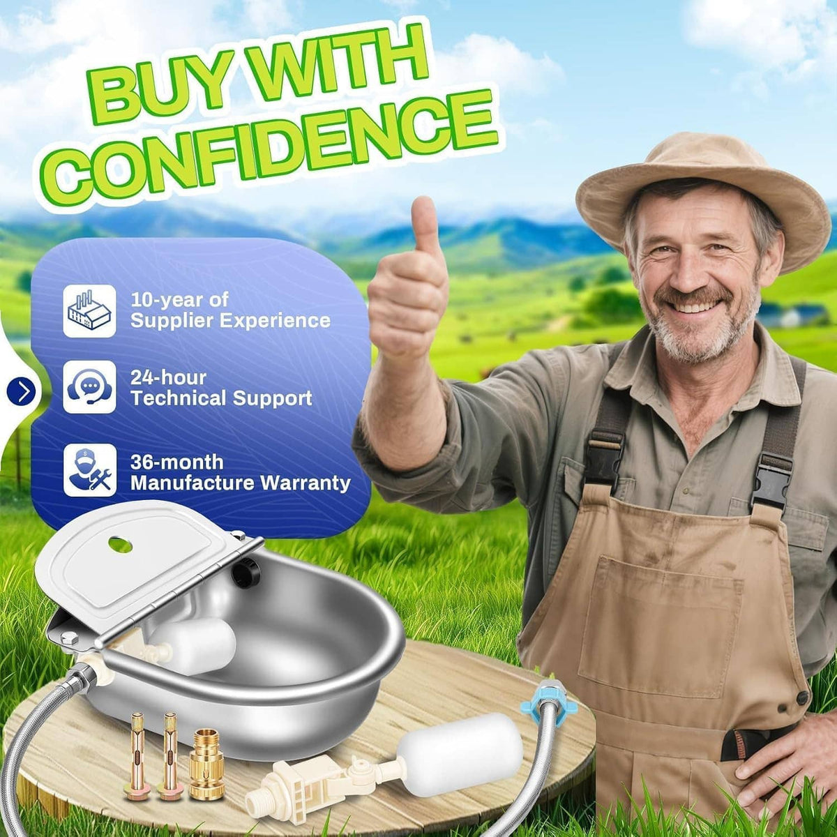Automatic pet water dispenser bowl with float valve and hoses, shown with included brass fittings