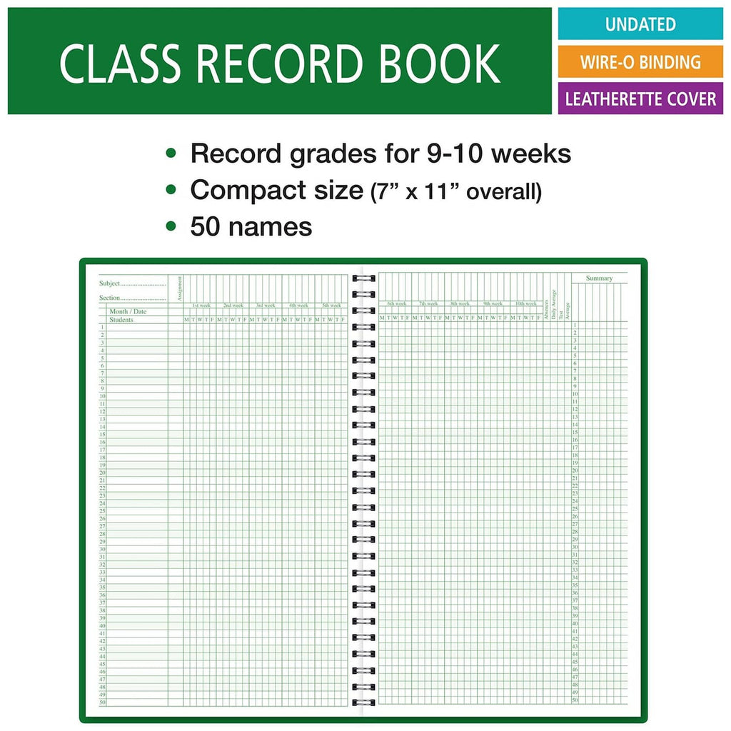 Open class record book with printed grade grids, wire binding spine