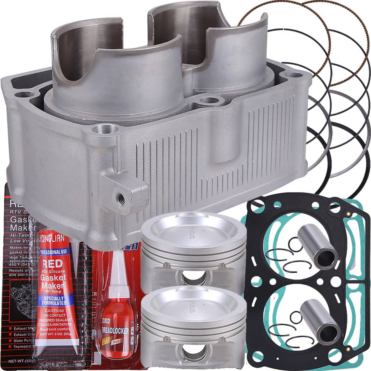 Cylinder piston top-end kit with cylinder block, two pistons, piston rings, and gasket