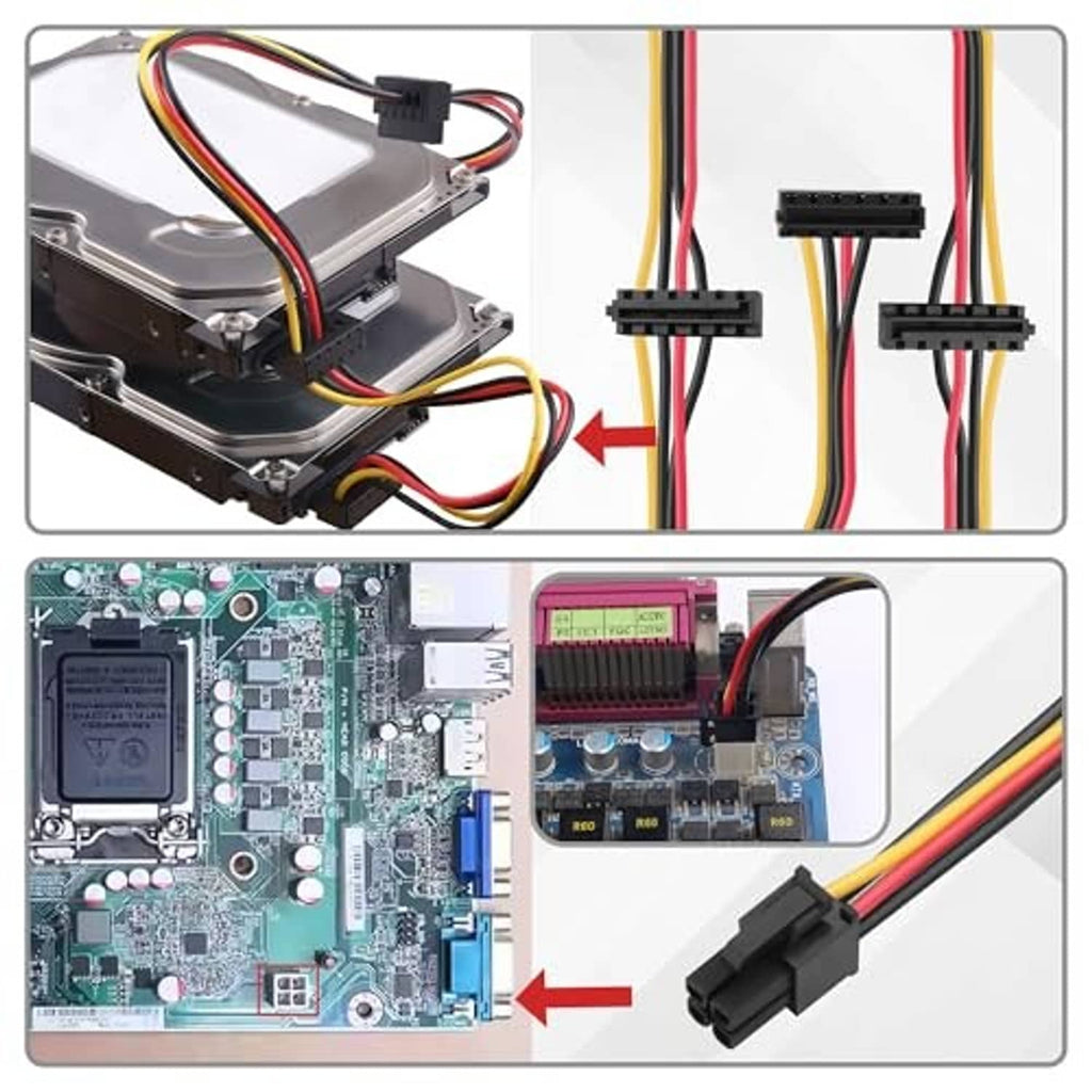 SATA power splitter cable with black connectors for connecting drives to a 4-pin port