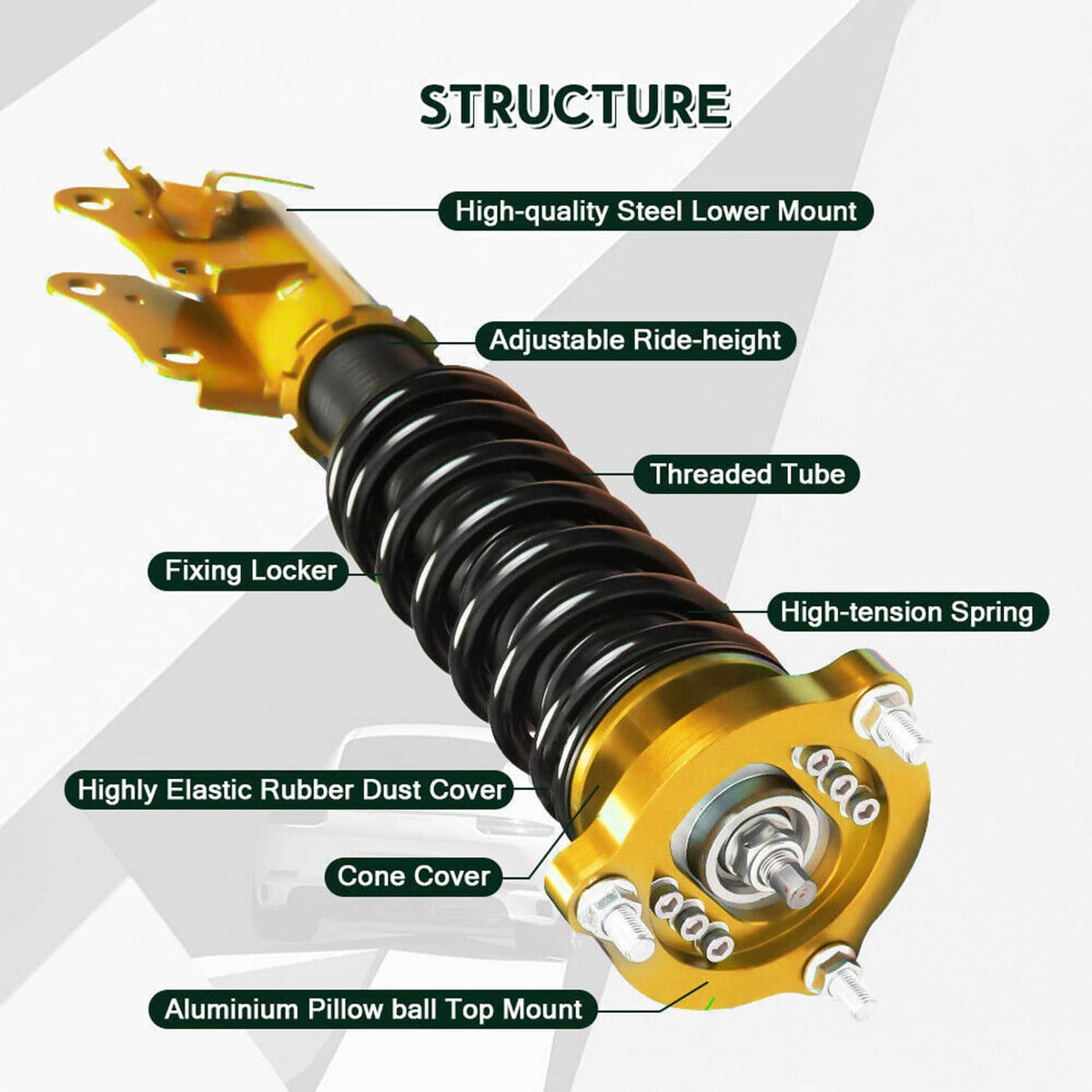 Coilover strut assembly with threaded tube, black spring, gold cap, and rubber dust cover
