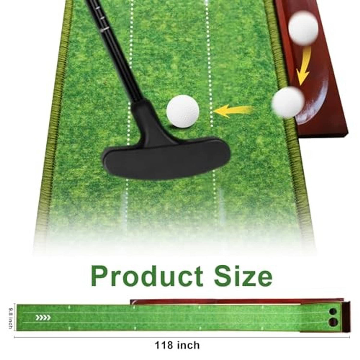 Golf putting mat with putter, green turf surface, and white practice balls