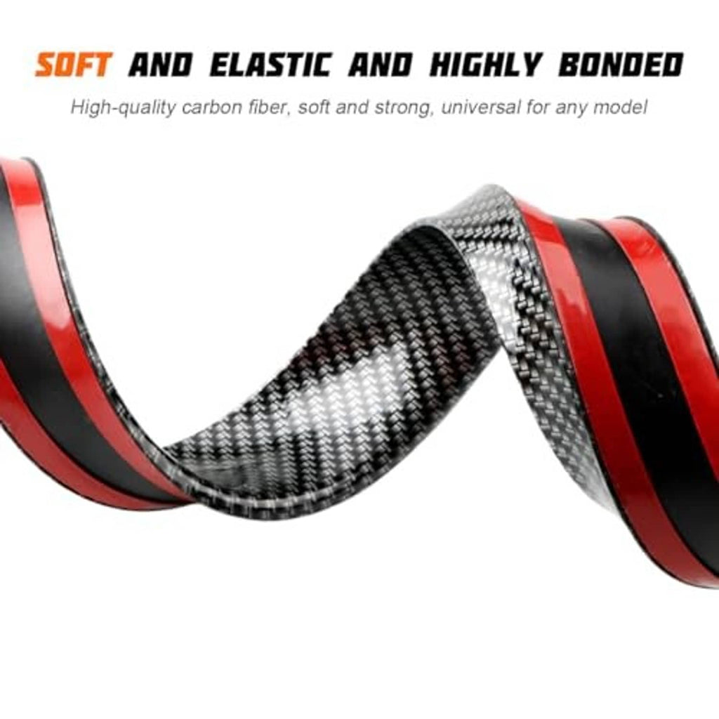 Curved carbon fiber-look rubber spoiler lip kit with red stripe accents