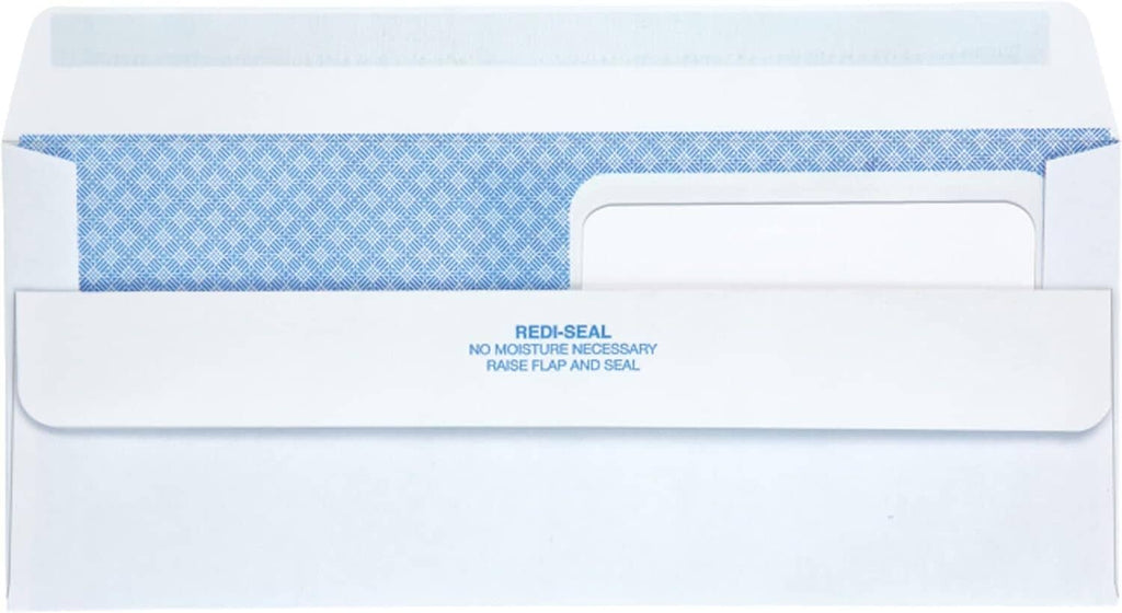 Front view of white security envelope with blue double window and reinforced seal