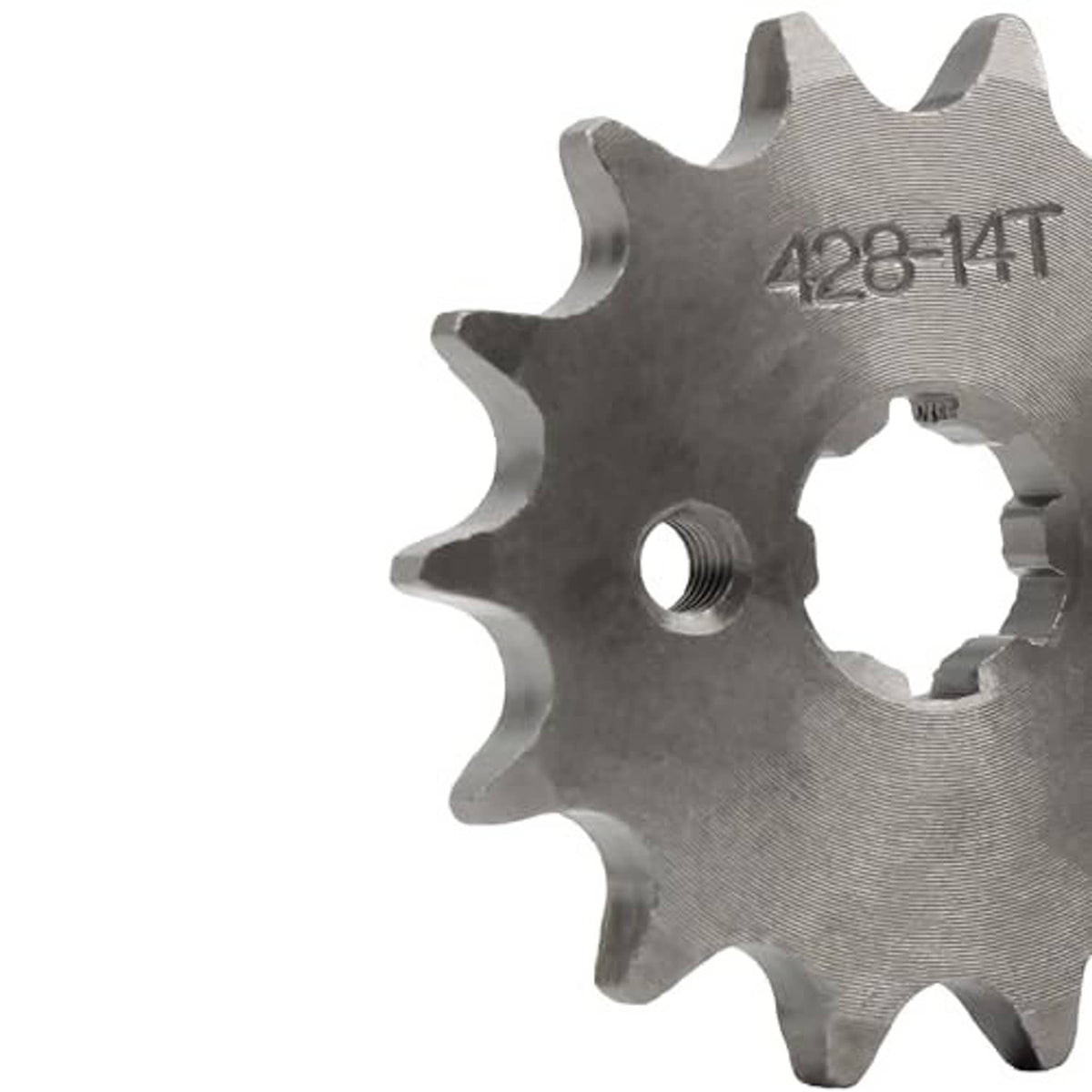 Close-up of gray 428-14T front sprocket with threaded mounting hole