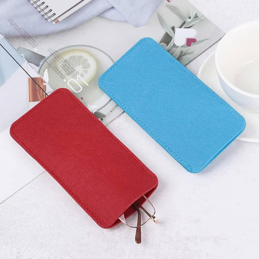 Felt eyeglass slip-in cases in red and blue, each with metal clasp loop