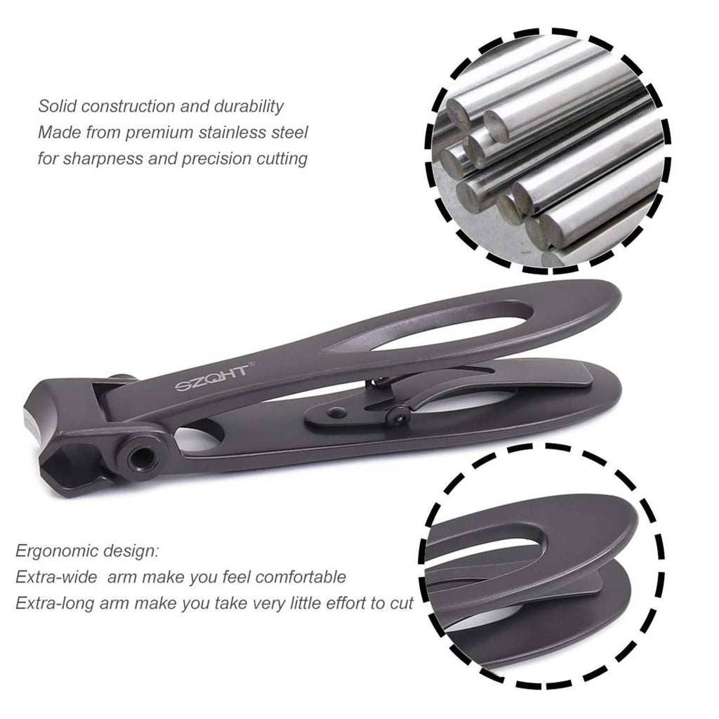 Dark grey SZQHT nail clippers with wide opening jaw and cutting edge detail