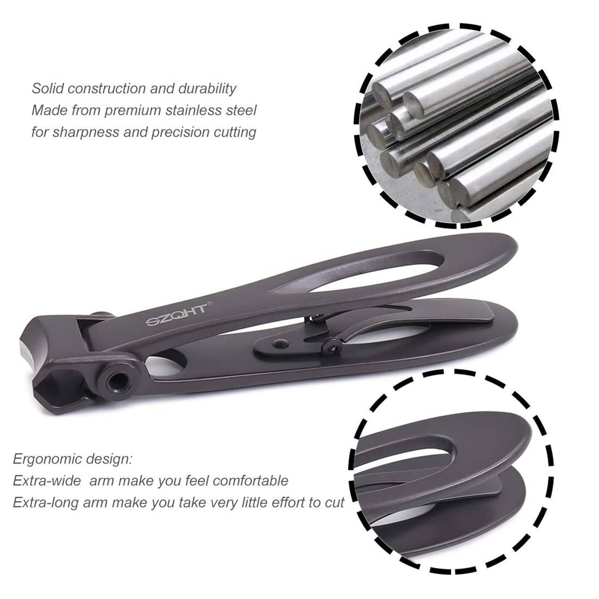 Dark grey SZQHT nail clippers with wide opening jaw and cutting edge detail