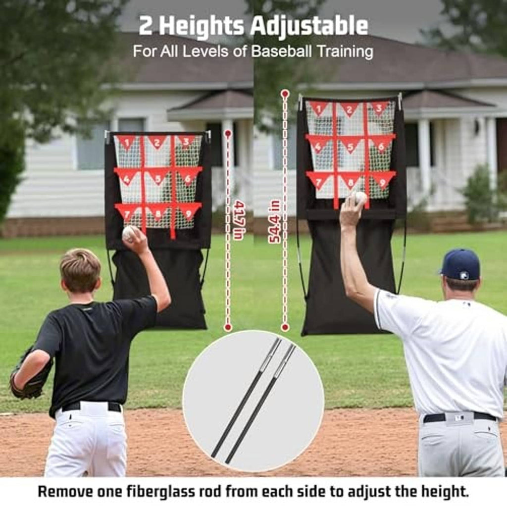 Height-adjustable black pitching net with red numbered strike zone target grid