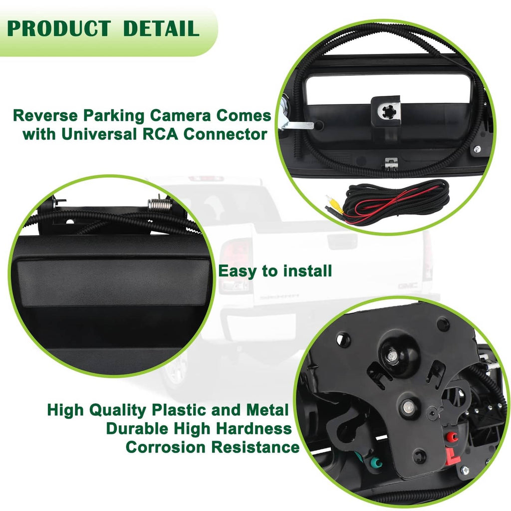 Tailgate handle backup camera with RCA connector, wiring, and mounting hardware
