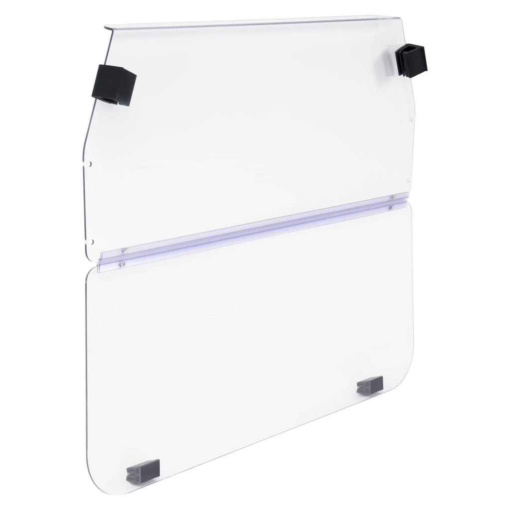 Clear vented golf cart windshield windscreen with black corner mounts, angled view