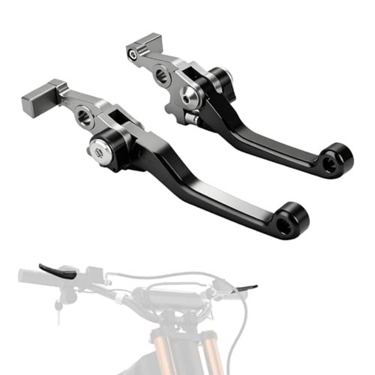 Adjustable silver and black brake and clutch levers with ergonomic grip ends