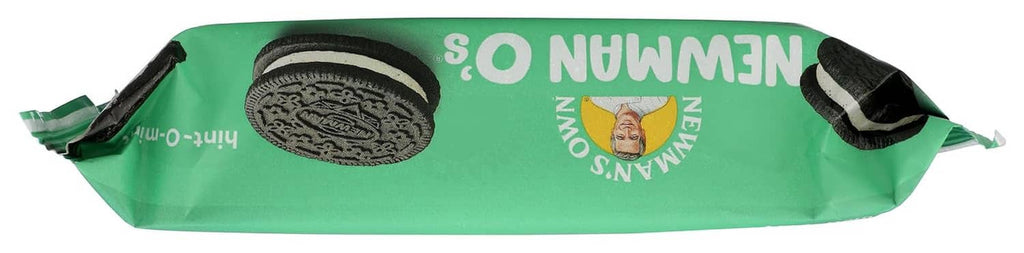 Wrapped side view of Newman O's hint-O-mint cookie package with repeating logos