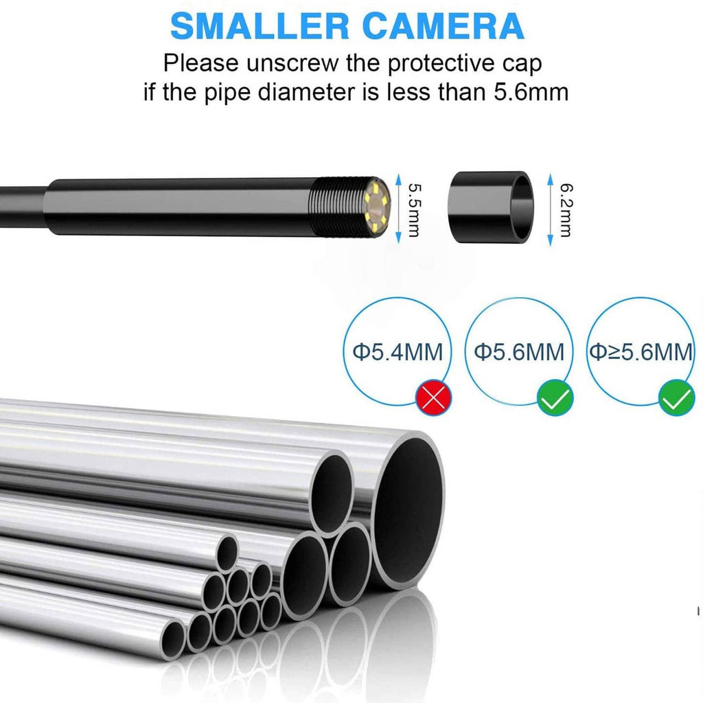 Slim endoscope camera probe with protective-cap end and size guidance for pipe diameter