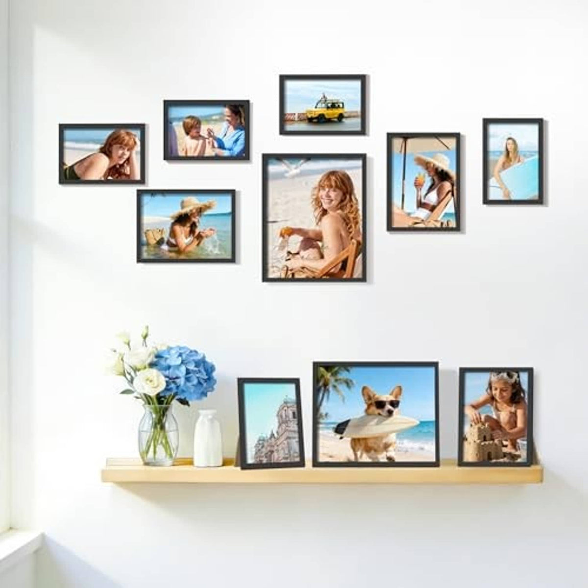 Black collage photo frame set on wall, arranged in neat grid style