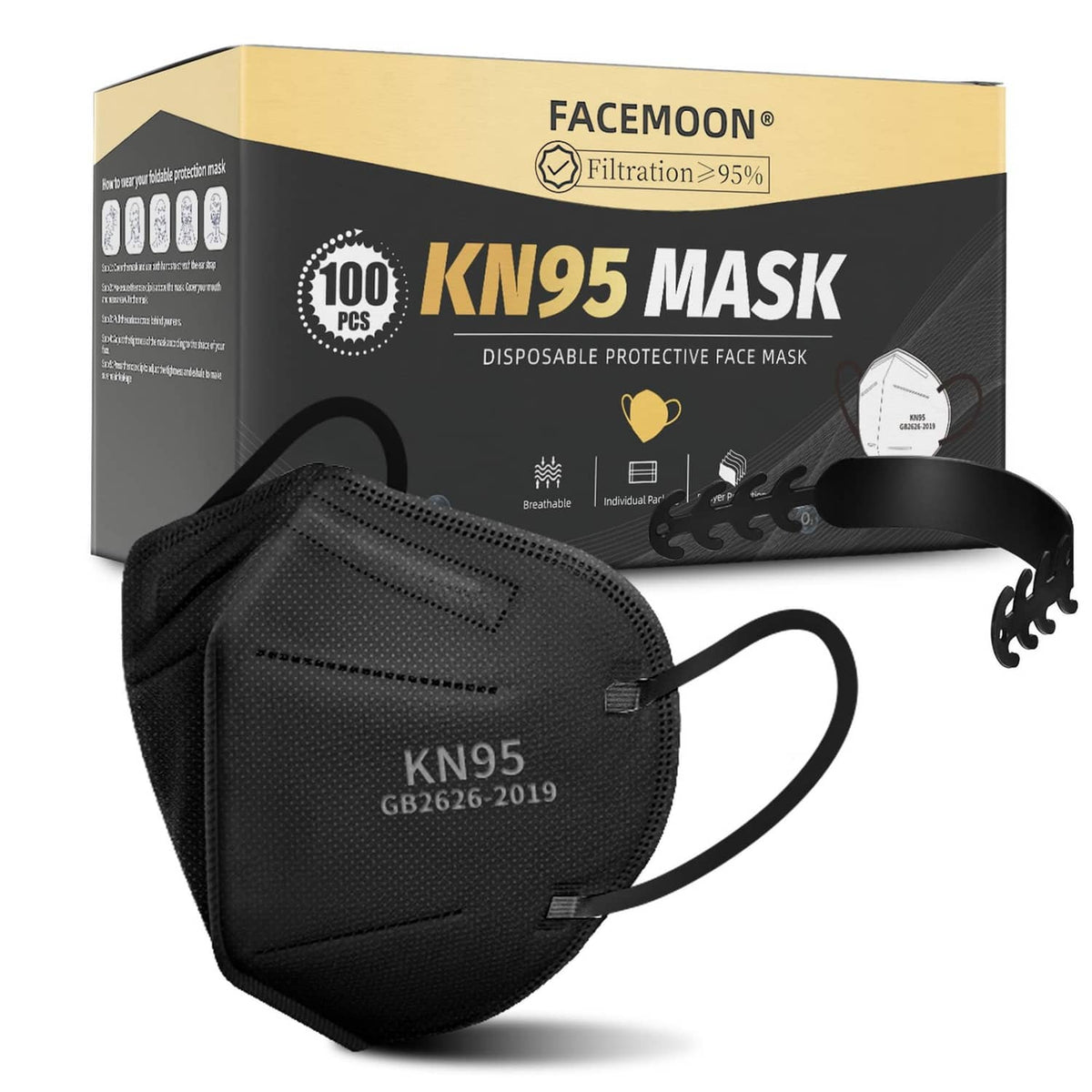 Black KN95 disposable face mask with adjustable nose clip and ear loops