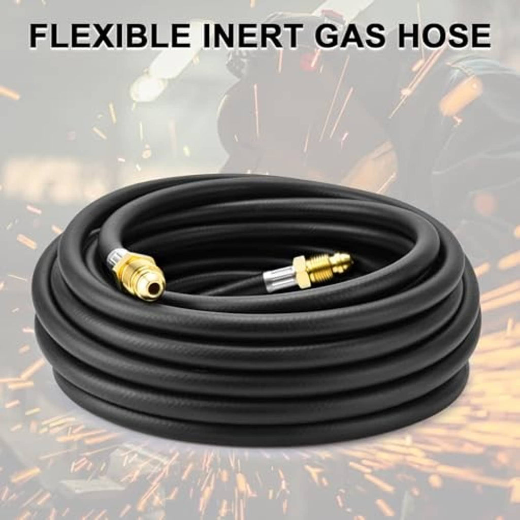 Coiled black inert gas welding hose with brass fittings on both ends