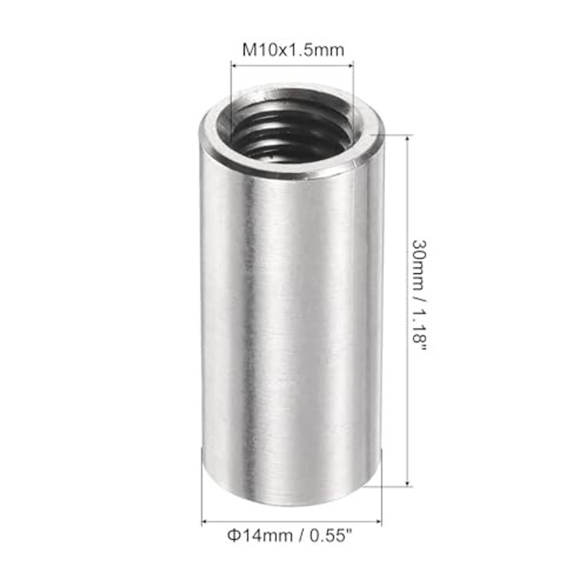 M10x1.5mm 304 stainless steel coupling nut, 30mm long, internal thread