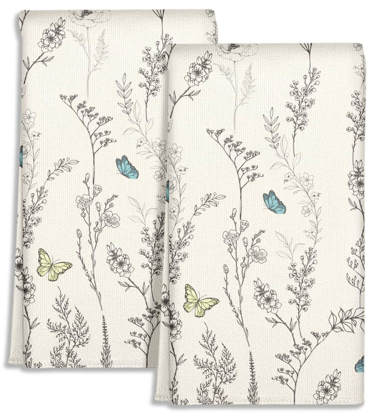 White kitchen towel set of 2 with blue and green butterfly and botanical line print