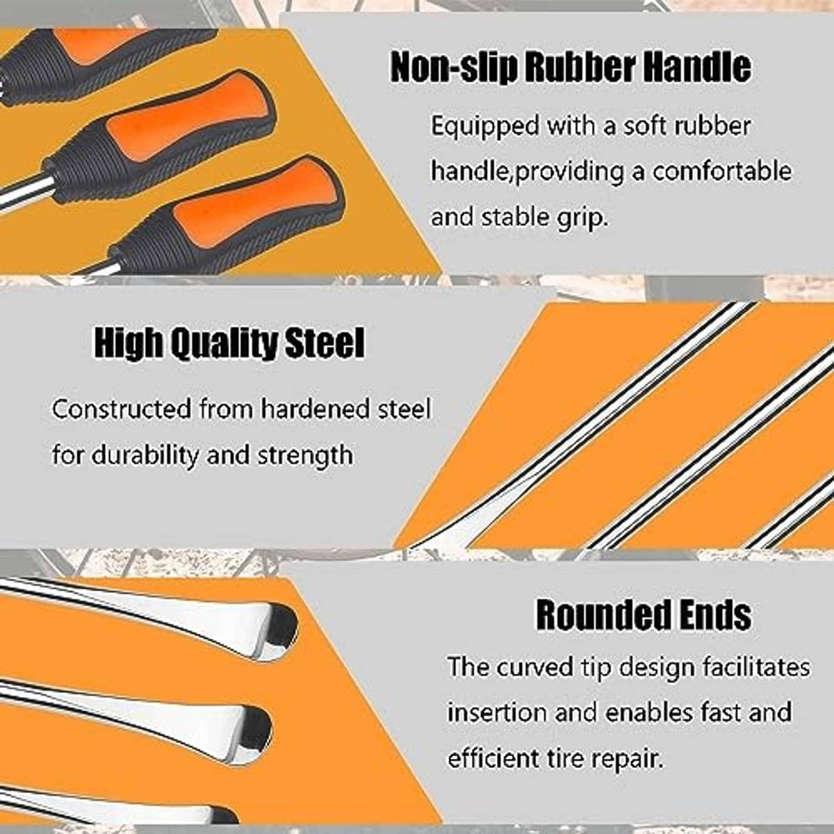 Steel tire spoon levers with rounded tips and textured orange/black rubber grips