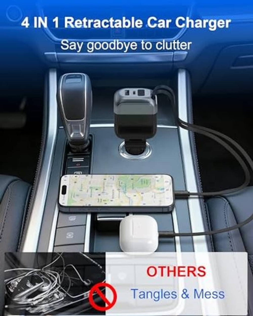 Retractable car charger unit placed in a car console with connected charging cables