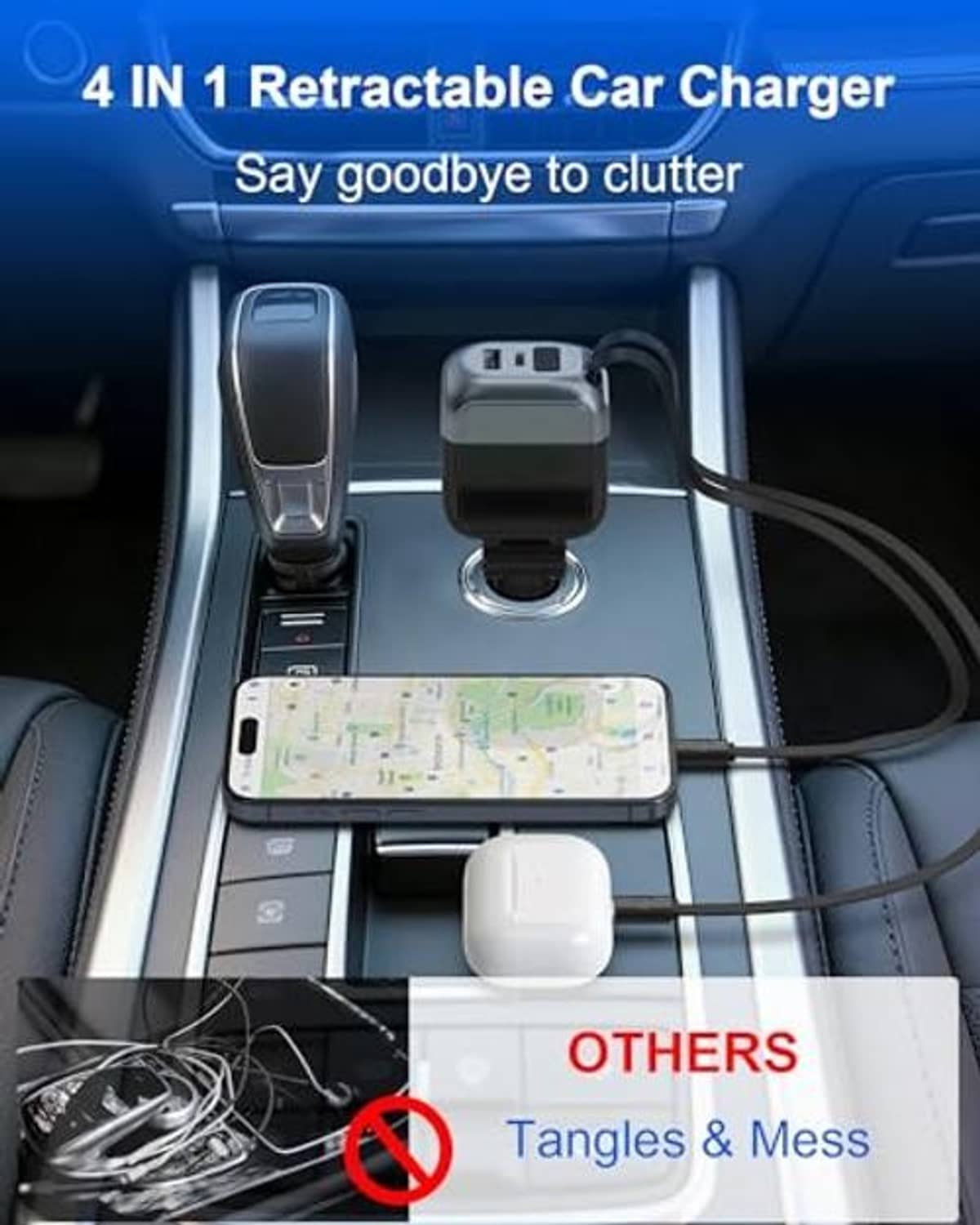Retractable car charger unit placed in a car console with connected charging cables