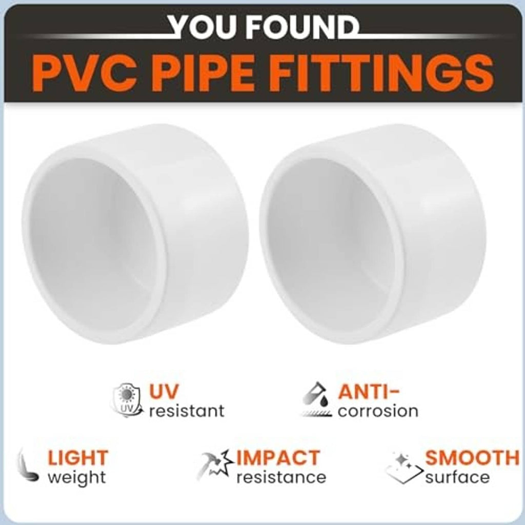 Two white PVC pipe end caps with smooth exterior, 1-inch external socket plugs