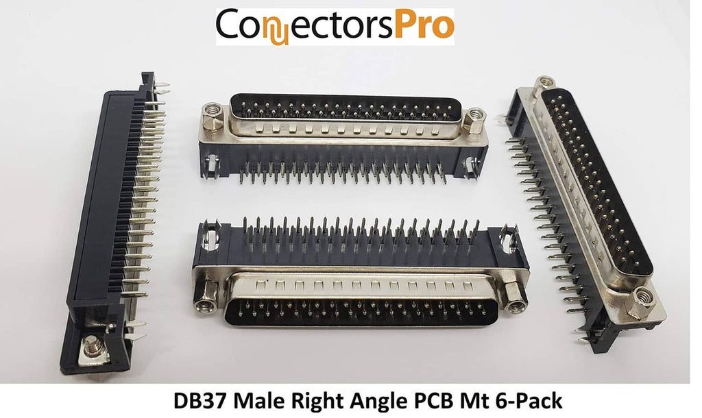 DB37 male right-angle PCB mount connector set, 6-pack, front and side views.