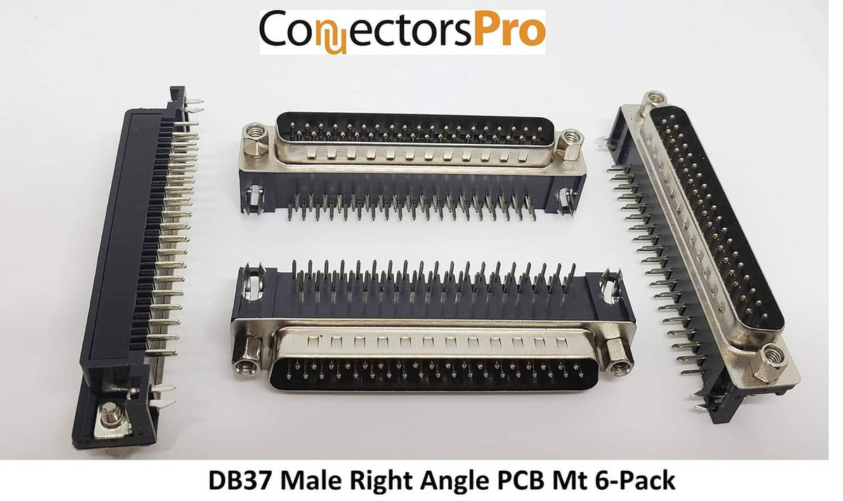 DB37 male right-angle PCB mount connector set, 6-pack, front and side views.