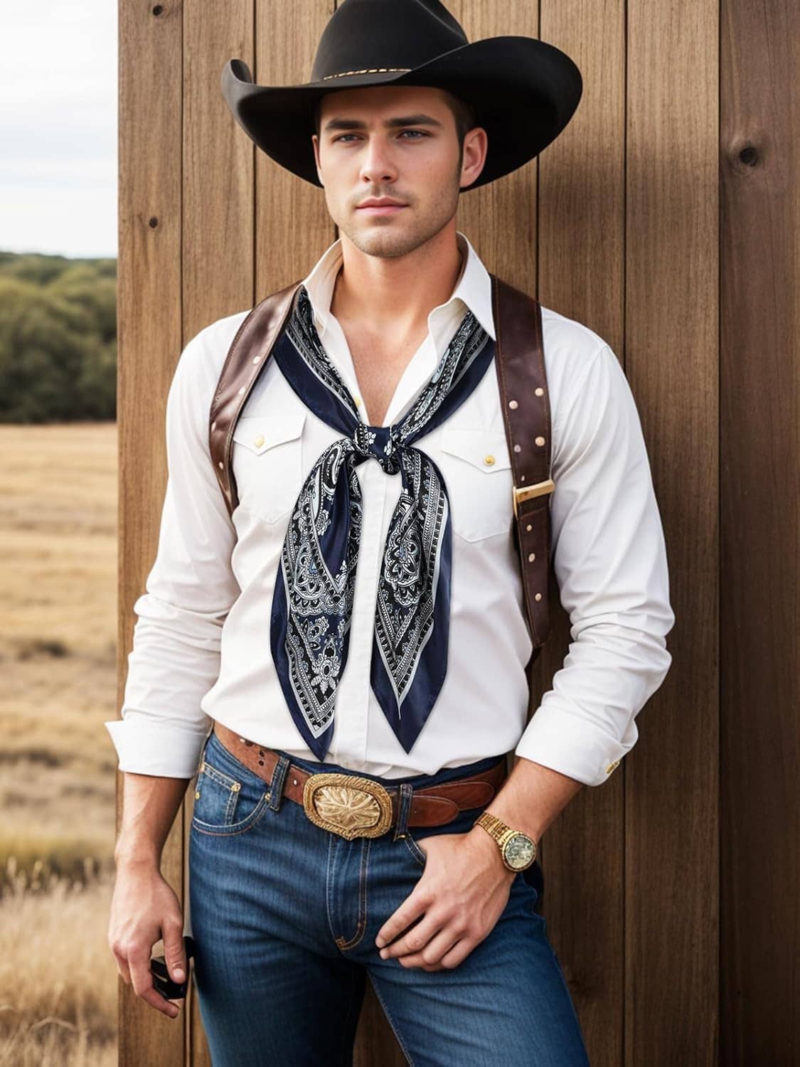 Navy and white paisley wild rag scarf tied at the neck over a white button shirt