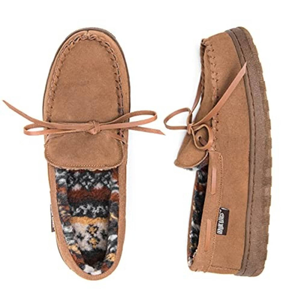 Tan suede men's slippers, faux-fur lined, lace tie closure on moccasin upper