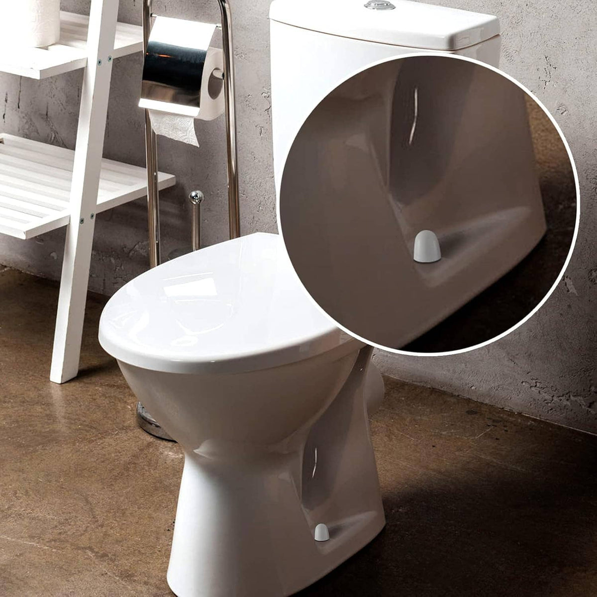 White toilet bolt cap covers on toilet base, round push-on fit