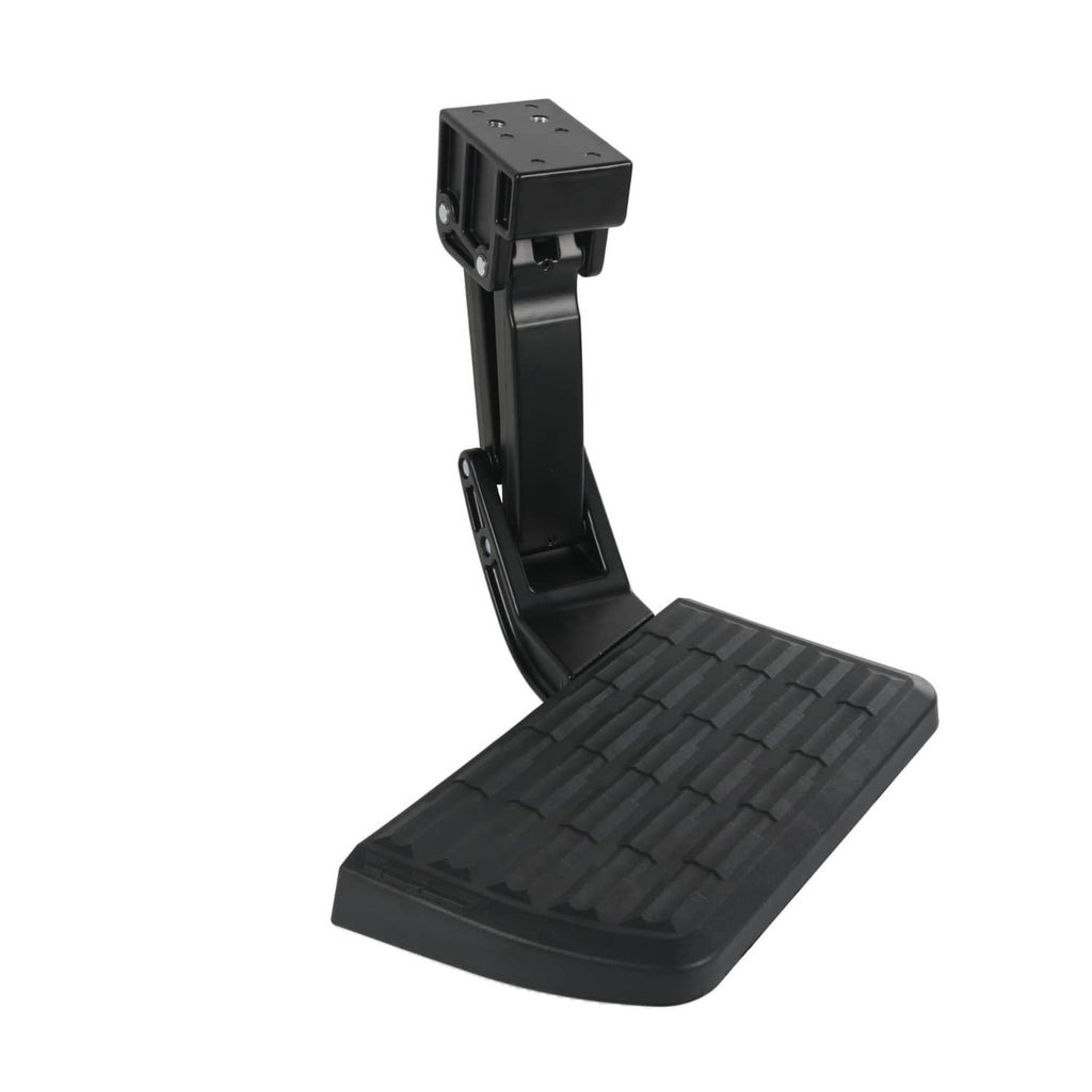 Retractable truck bed side step with textured black footpad and vertical support frame