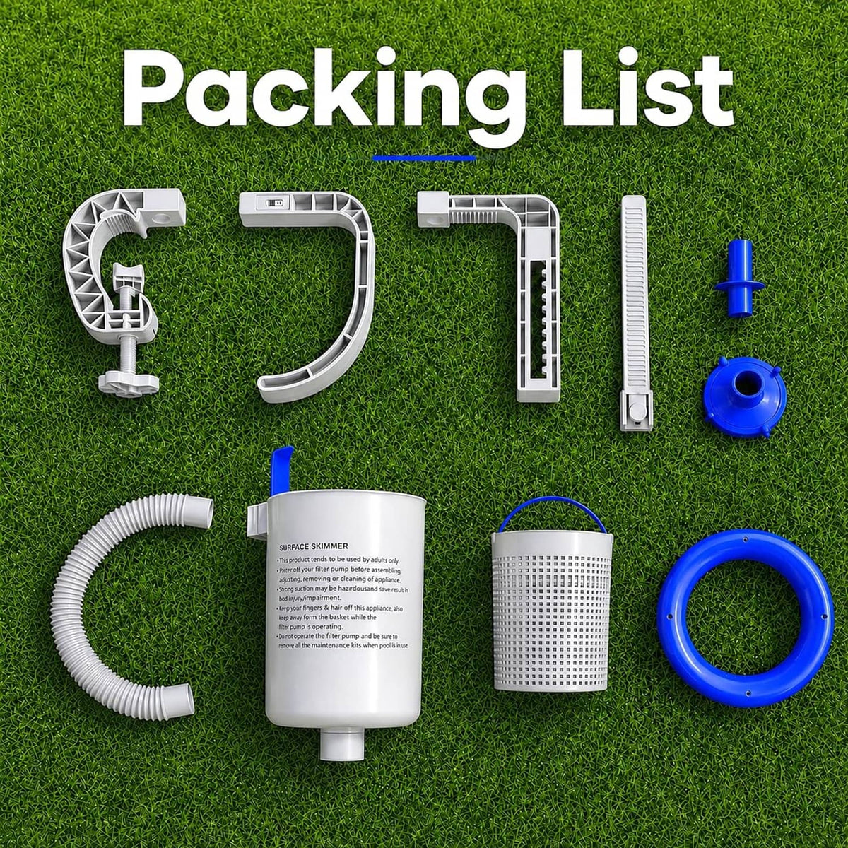 Above-ground pool skimmer parts set with gray components and blue basket ring