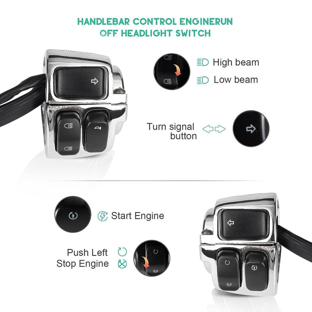 Motorcycle handlebar control switches with chrome housings and push-button functions