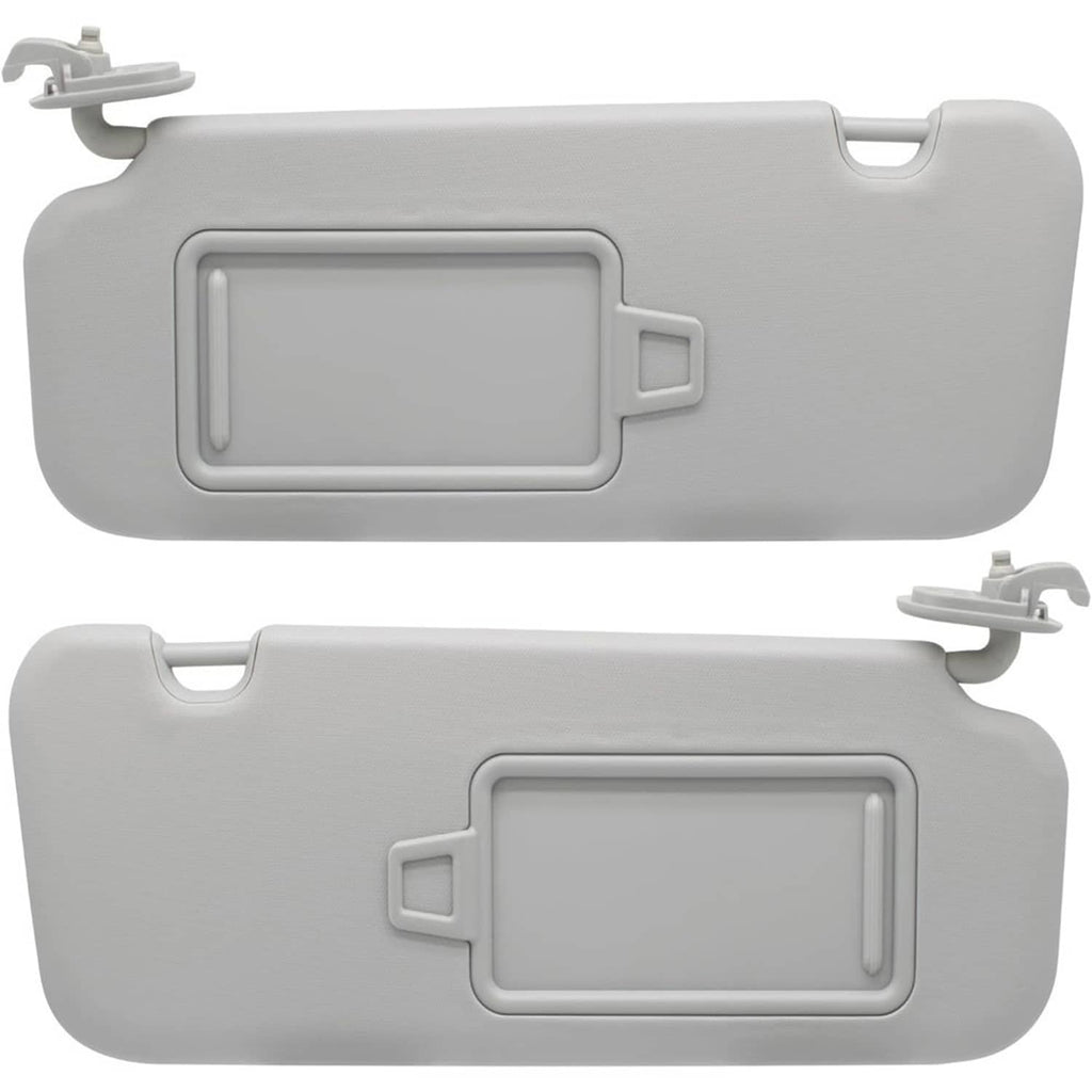 Gray sun visor pair with side clips and mirror cutouts