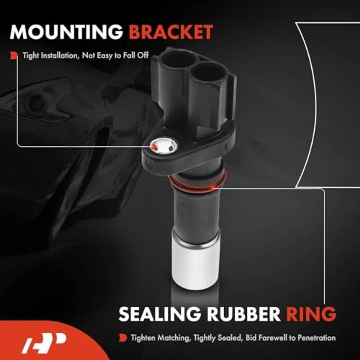 Crankshaft position sensor with mounting bracket and sealing rubber ring detail