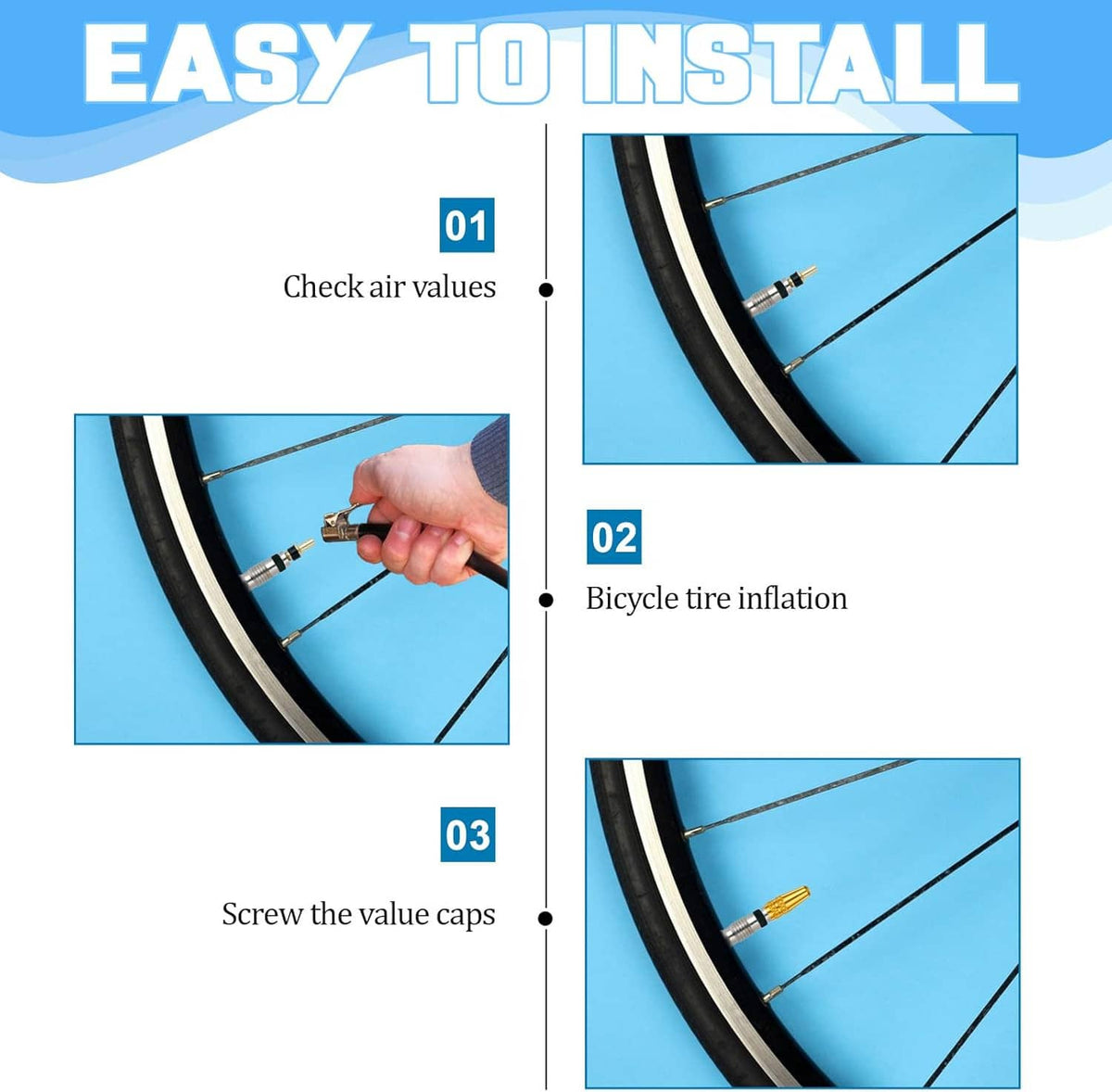 Presta valve cap installation steps showing screwing caps onto bike tire valves