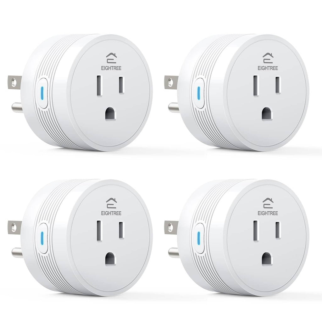 Set of 4 white smart Wi‑Fi/Bluetooth outlet adapters with two-prong plug and blue status light
