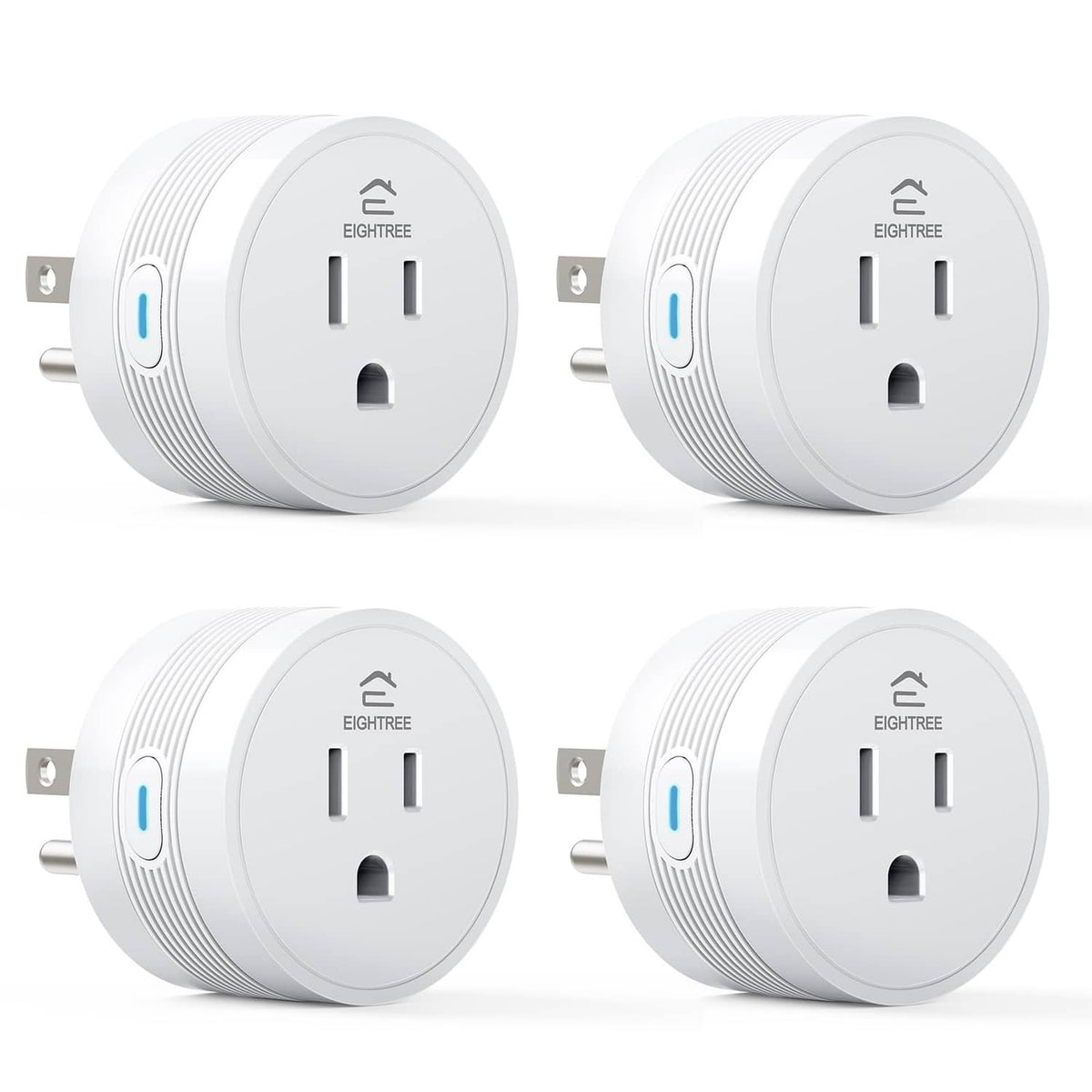 Set of 4 white smart Wi‑Fi/Bluetooth outlet adapters with two-prong plug and blue status light
